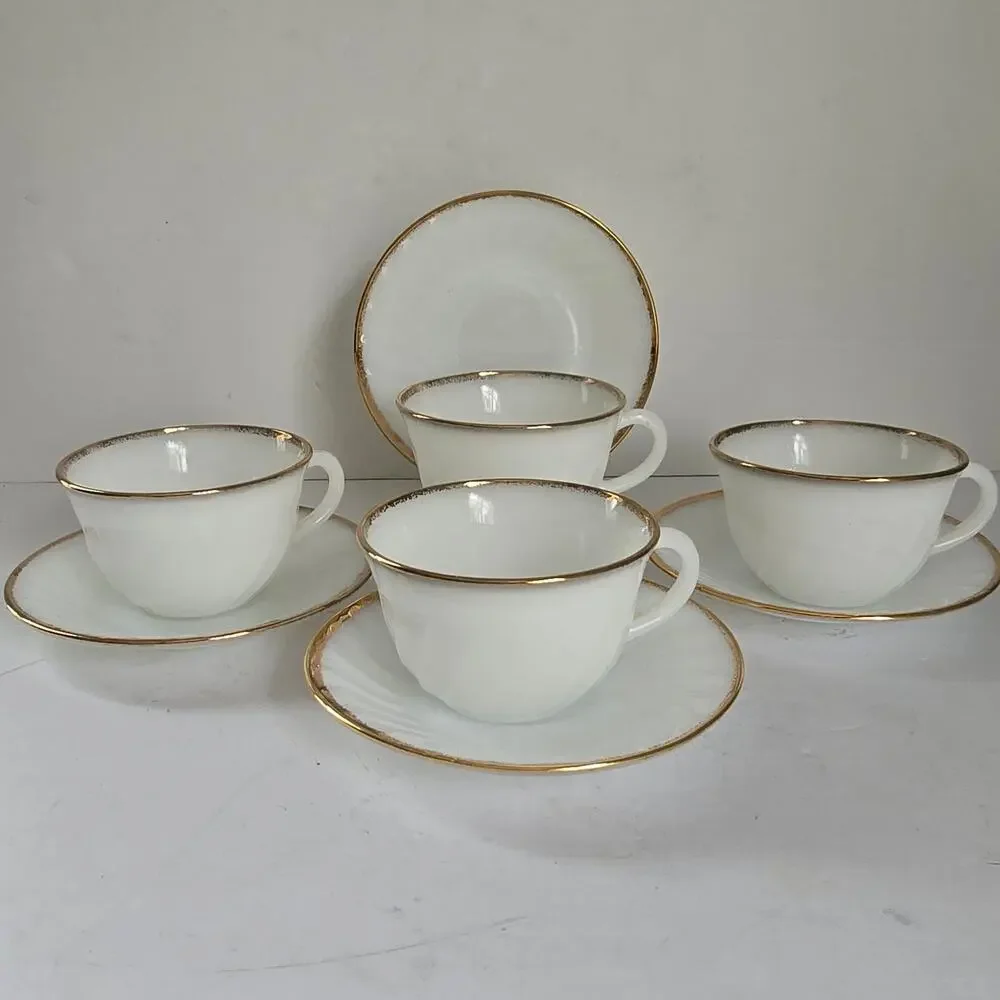 Vintage Fire King Cups Saucers GOLDEN ANNIVERSARY Swirl Gold Rim Set of 4 1950s